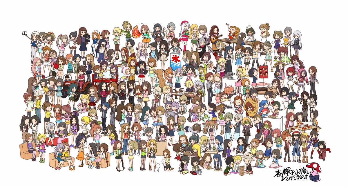 bachi2580's tweet photo. 杏・輝子・小梅のシンデレラジオの全アイドルゲスト登場達成回からちまちま描き進めてようやく全員描けた！ネタは拾えたり拾えなかったりだけど、まぁ、ね！ https://t.co/vhOwOOPM8b
