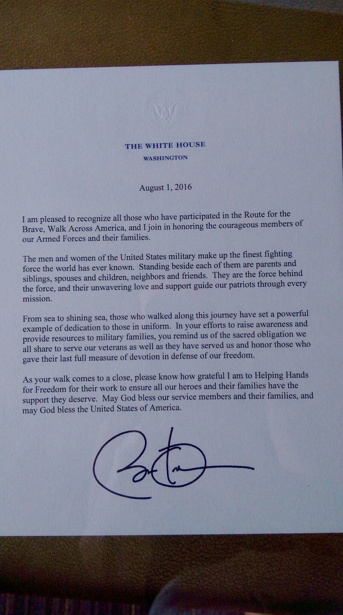 HHFFWarrior's tweet photo. @DanaPerino @TheFive 4 support on walk across US 2 raise $ 4 Fam's of fallen&amp;awareness, we made it. Pres. Obama Ltr https://t.co/6MNkrvCdqq