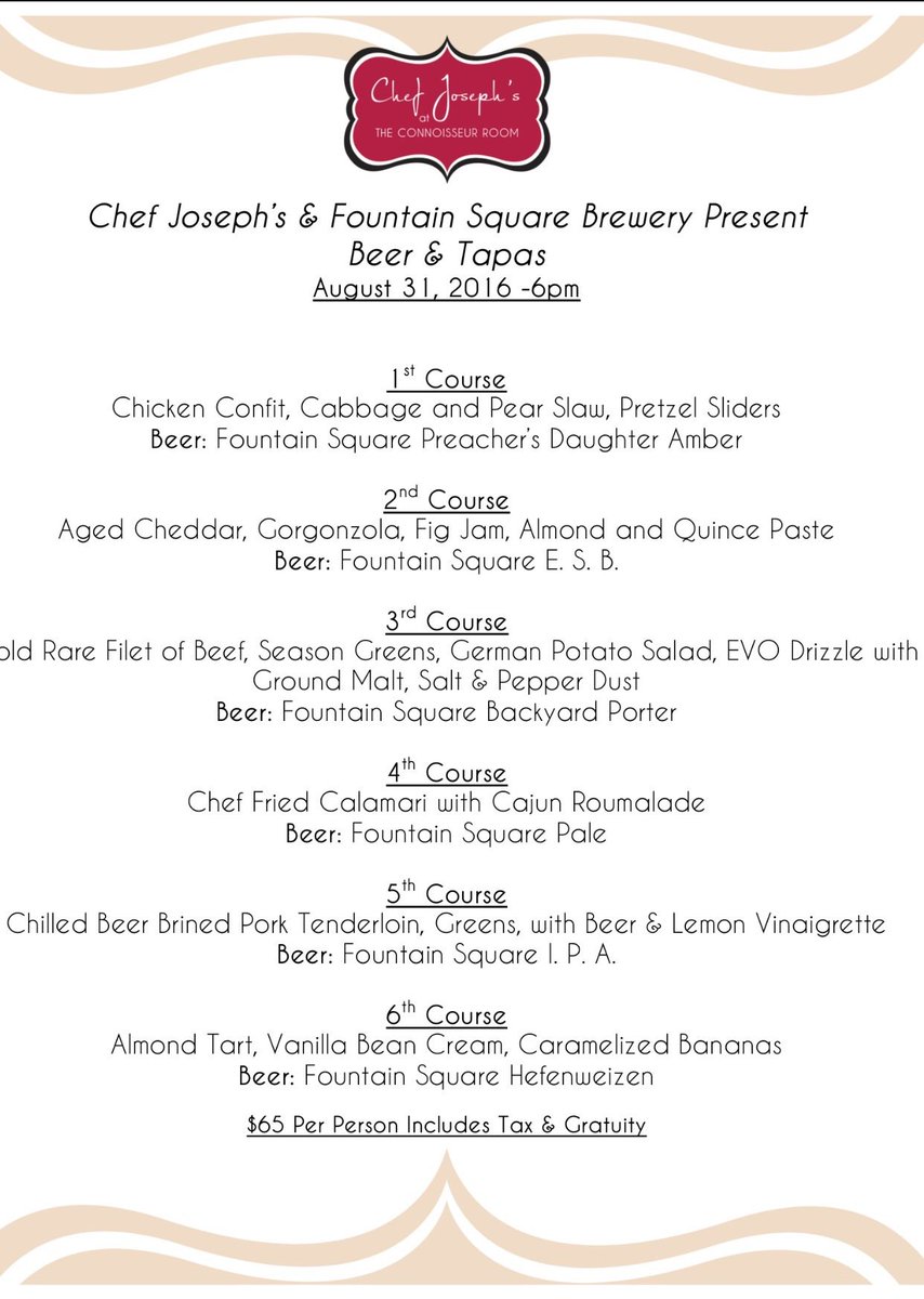Wed! Tickets available- 6 course beer pairing dinner @ Chef Joseph's - check out the menu and call 317.600.3577