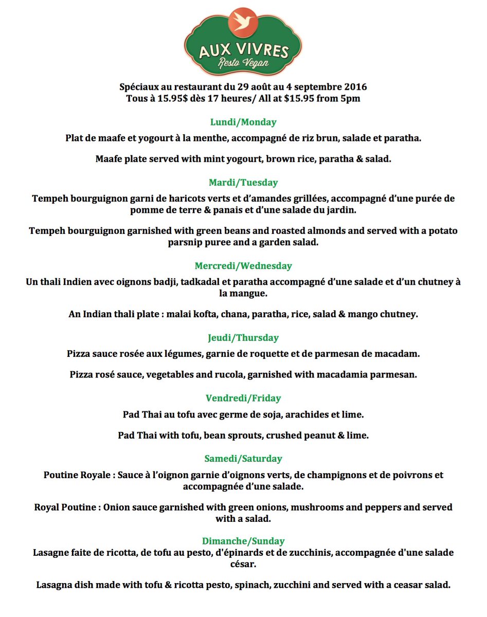 #WEEKLYSPECIALS at our restaurant! 
See you this week!
#veganmtl #auxvivres #mtl #plateaumontroyal