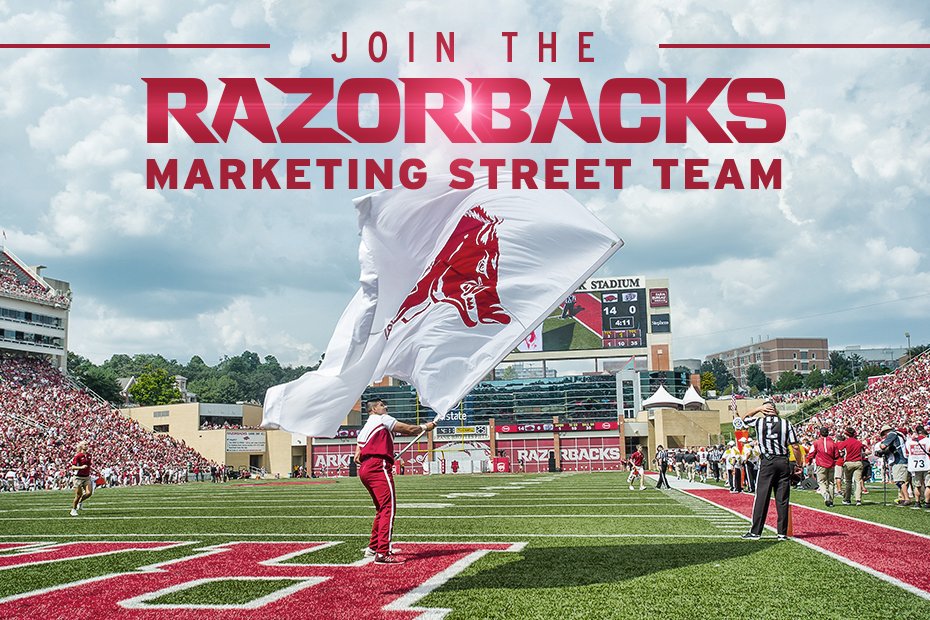ArkRazorbacks's tweet photo. Want to join our marketing street team? 1st meeting of the year tomorrow in the Raymond Miller room at 5:30. Free 🍕 https://t.co/85CwShnCb1