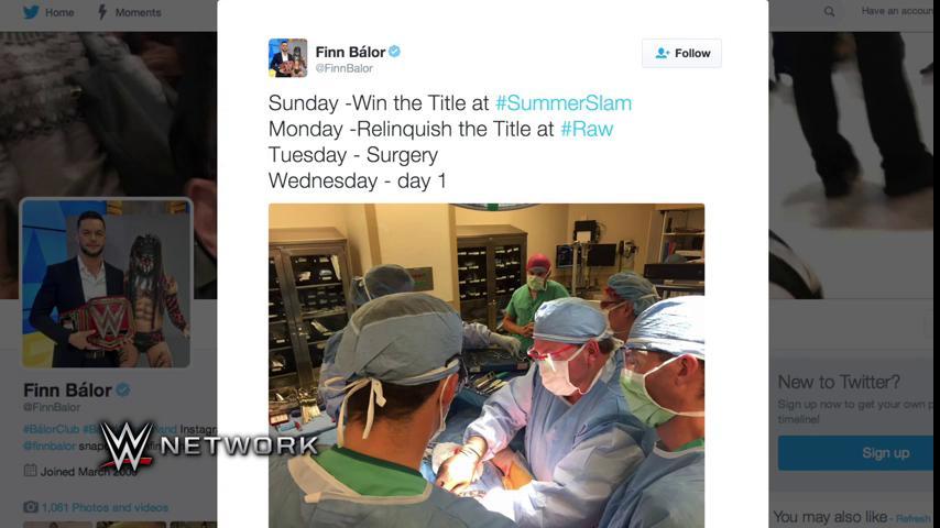 WWEUniverse's tweet photo. The road to recovery has begun for the FIRST @WWE #UniversalChampion @FinnBalor! #RAWPreShow https://t.co/rIn3GPFyrP