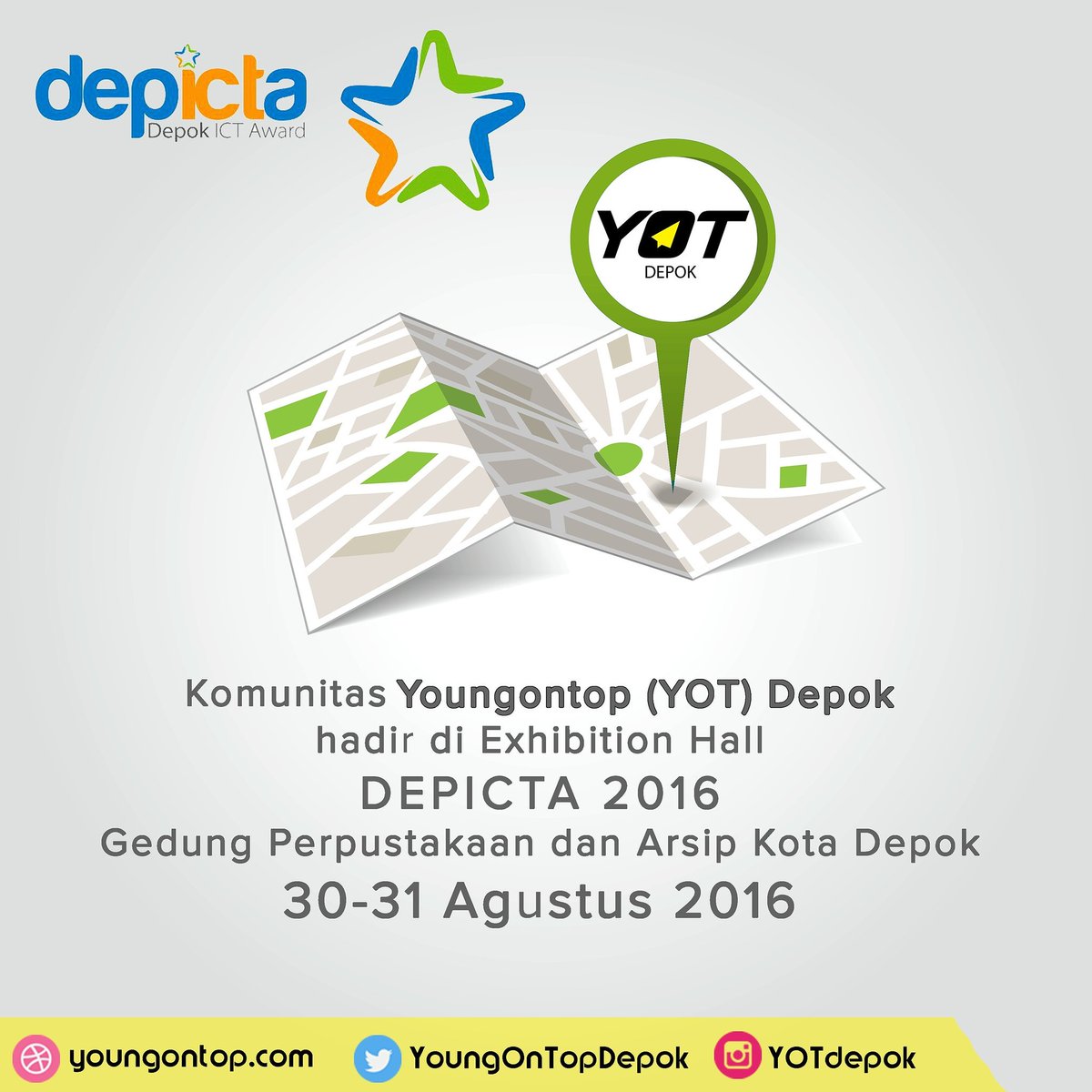 Hi #YOTers kita hadir di <a href="/depicta_2016/">Depok ICT Award</a> lohhh... Kunjungi booth kita di Exhibition Hall DEPICTA 2016 30-31 Agustus