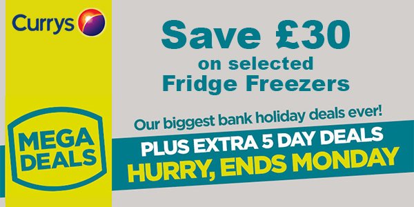 Saveasyou's tweet photo. Save £30 on selected fridge freezers this bank holiday @curryspcworld https://t.co/jrJMLYf85e