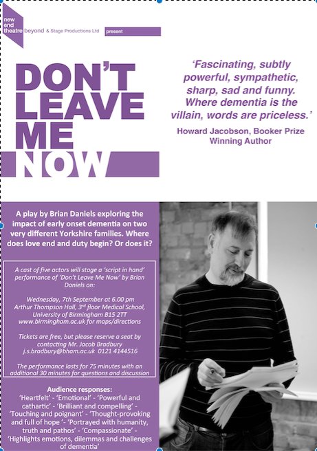 UoBNeuroOphthal's tweet photo. Fighting Dementia - Where does love end and duty begin? Wed 7th Sep at 2.30pm and 6pm at @unibirm_MDS https://t.co/e5MmeyVPvP