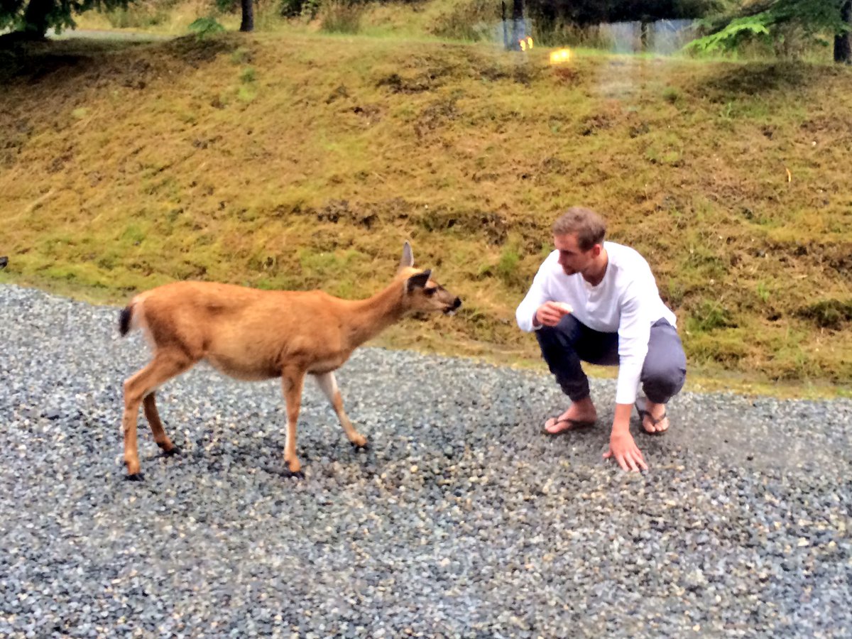 Canucks's tweet photo. Baertschi caught his first fish ever, and hand-fed a deer... So you could say he's the real #FFK2016 day one winner. https://t.co/wGejUuTKt9