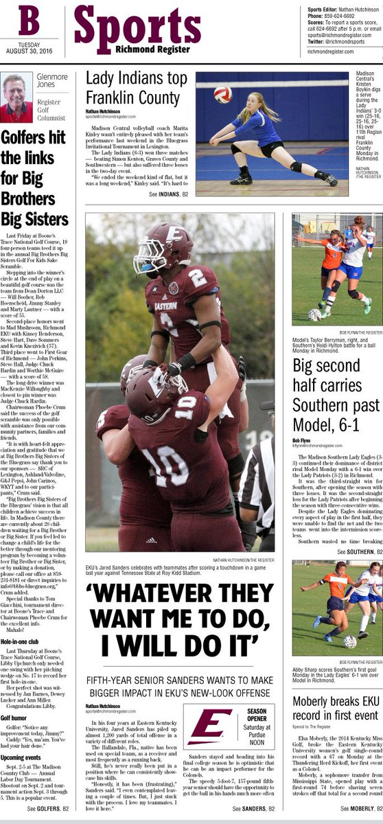 The Register's Tuesday, Aug. 30, 2016 Sports Page <a href="/EKUFootball/">EKU Football</a>  <a href="/mshs_ladyeagles/">MSHS Lady Eagles</a> <a href="/MCHSVolleyball/">Darcie</a> <a href="/modelpepclub/">Model Pep Club</a>