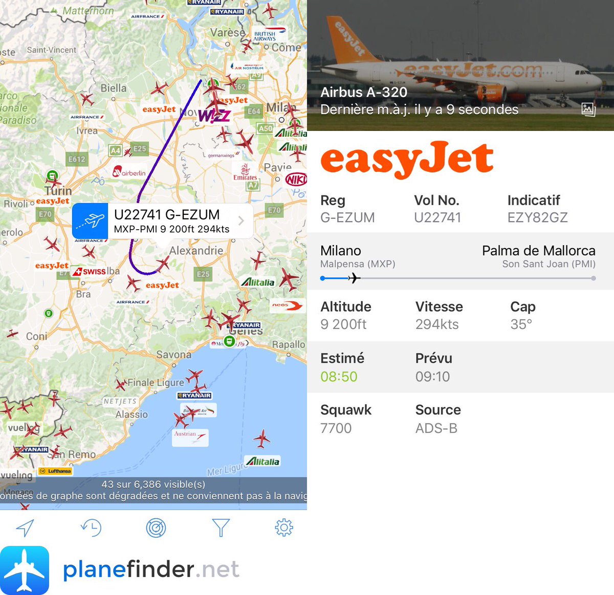 ALERT easyJet #U22741 from Milano to Palma de Mallorca is declaring an emergency over Italy via @planefinder