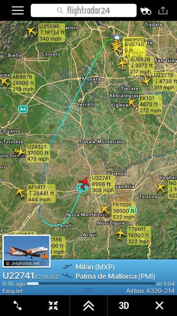 Flight Easyjet #U22741 from Milan to Palma de Mallorca has declared an emergency & returning to #Milan #squawk7700