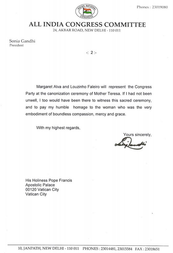 Congress President Smt. Sonia Gandhi's letter to Pope Francis on Canonization Ceremony of Mother Teresa