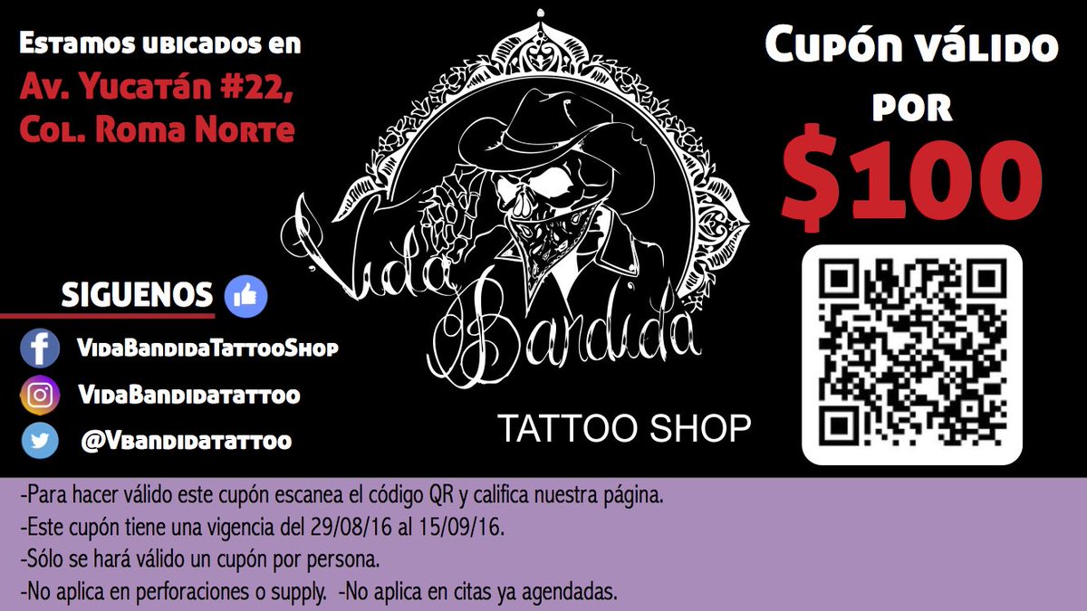 Vida bandida tattoo on X: "¡Aprovecha y reúne los requisitos del cupón! No te pierdas de este regalo que @Vbandidatattoo tiene para ti. https://t.co/V8Mhy4G7kj" / X