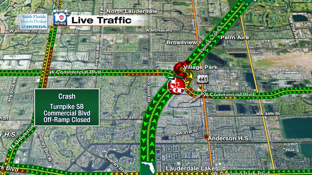 Crash on Turnpike SB at Commercial blvd. Off-Ramp Closed #traffic https://t.co/iWqNPCb2nv