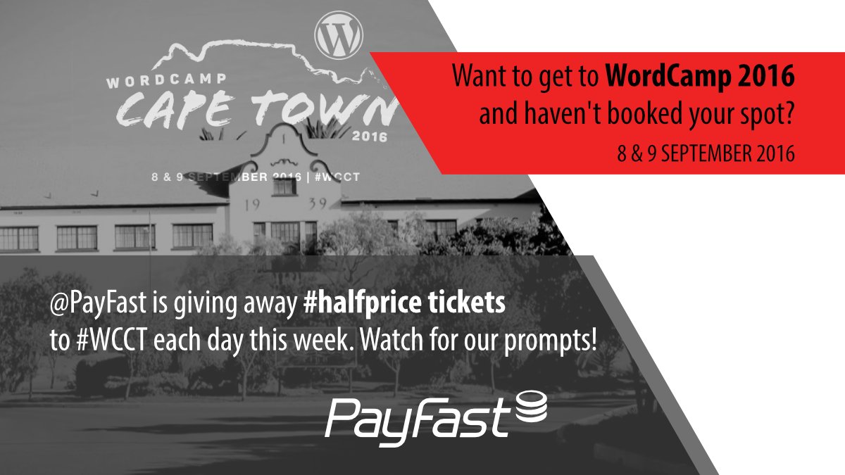 This week @PayFast give away #halfprice tkts to #WCCT '16 access to 2 days of talks &amp; workshops. Watch our prompts!