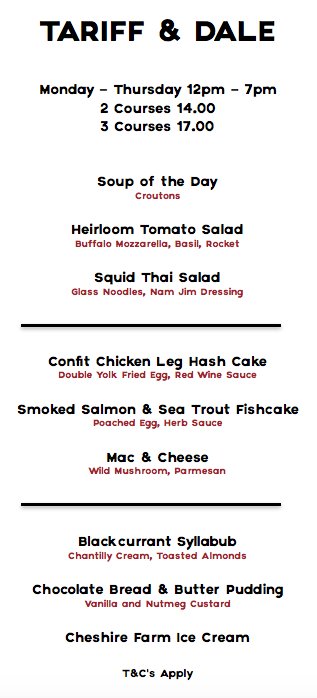 TariffDale's tweet photo. Our #PrixFixe menu for this week! #Mcr #NQ #McrOffer #Lunch #Dinner #Tea #Kitchen #Restaurant #Menu https://t.co/weVsHhSTvP