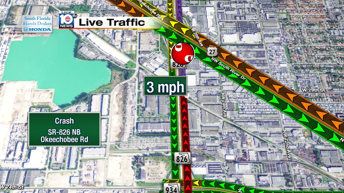 3 lanes blocked!! Crash on SR-826 NB at Okeechobee Rd #traffic #miami https://t.co/IQtF1w8avG