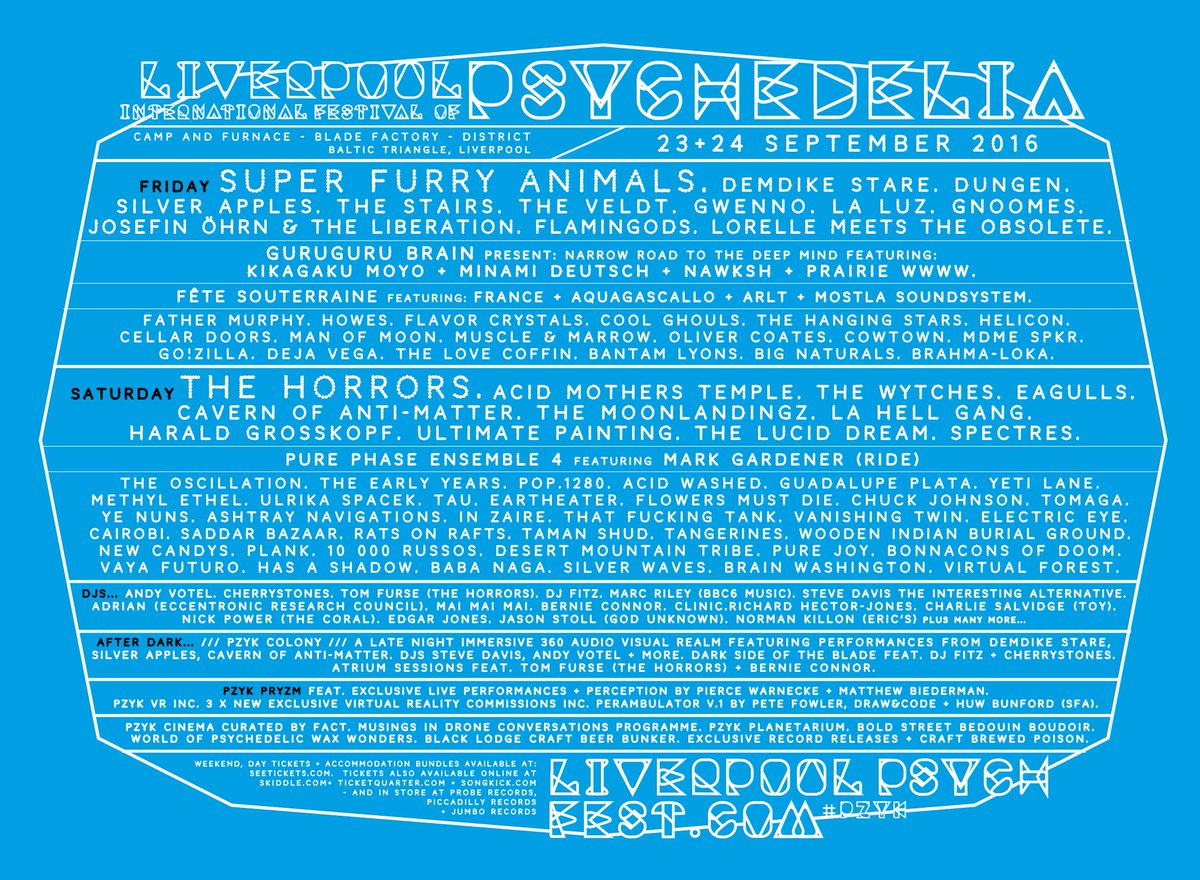 LPoolPsychFest's tweet photo. All your latest info on day splits, tickets and door times can be found here:
https://t.co/t7gjBf2FR7
#PZYK
+ https://t.co/0lB17Mfp8m