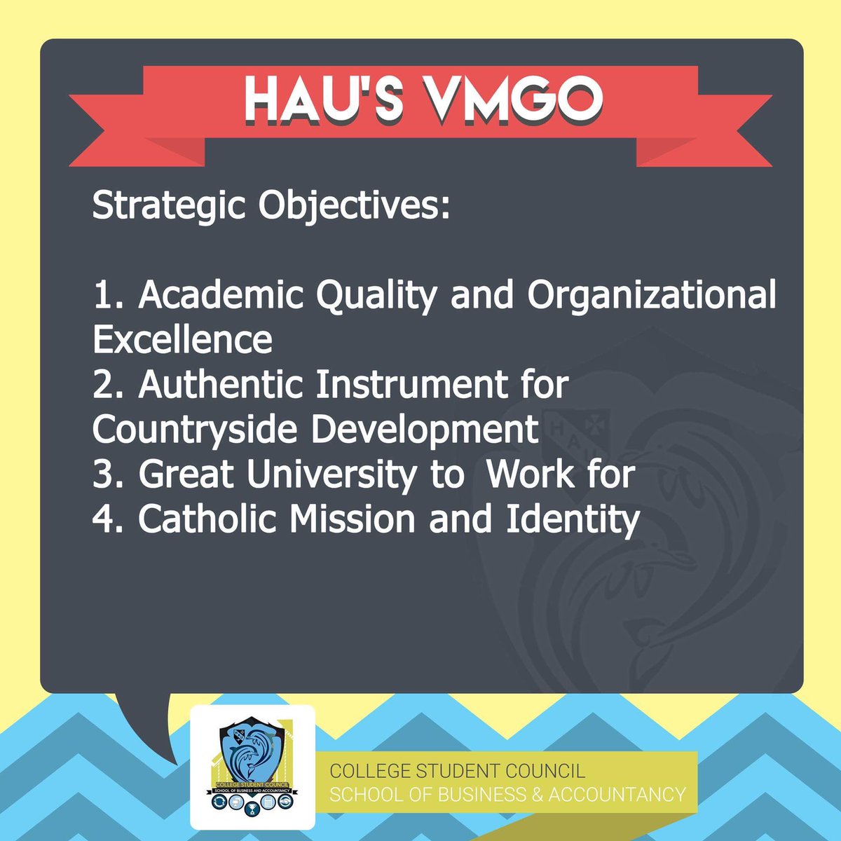 CSCCBAOFFICIAL's tweet photo. the restated SBA's Vision, Mission, Goals, and Objectives are introduced, together with HAU's restated VMGOs. 🐬 https://t.co/9xRI1l66RJ