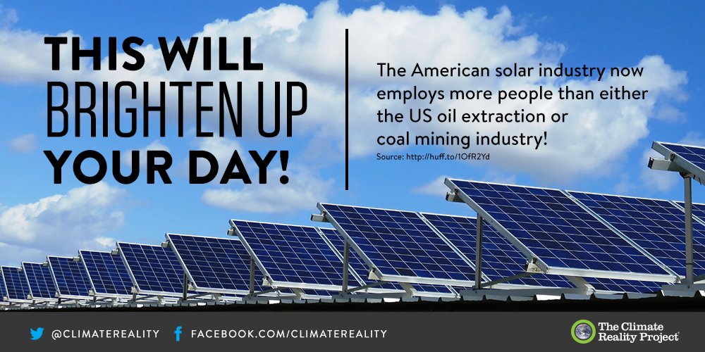 ClimateReality's tweet image. A2a. More Americans work in solar than in oil extraction or coal mining! That’s huge! #EnergyJobs