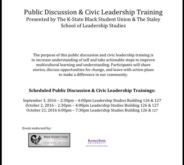 Interested in Civic Leadership? Check out this great event presented by <a href="/ksubsu/">K-State Black Student Union</a> and @KStateSSLS