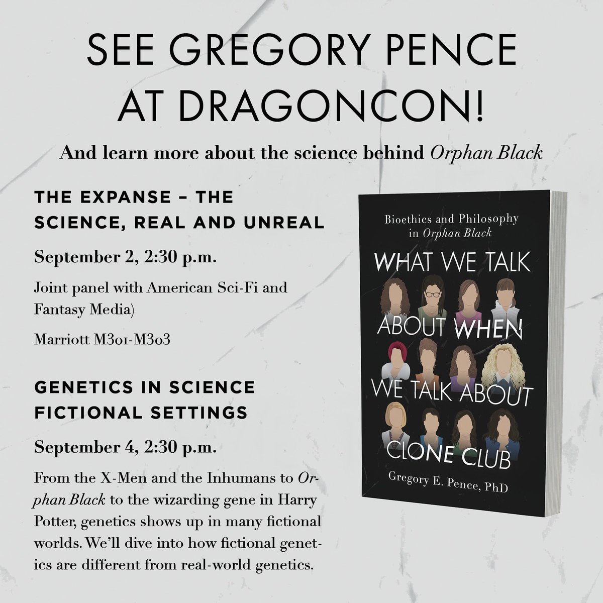 Going to <a href="/DragonCon/">💐🌼Dragon Con 🌹🌺</a>? Don't miss <a href="/gregoryepence/">Gregory Pence</a> talking about science behind Orphan Black: science.dragoncon.org/schedule/