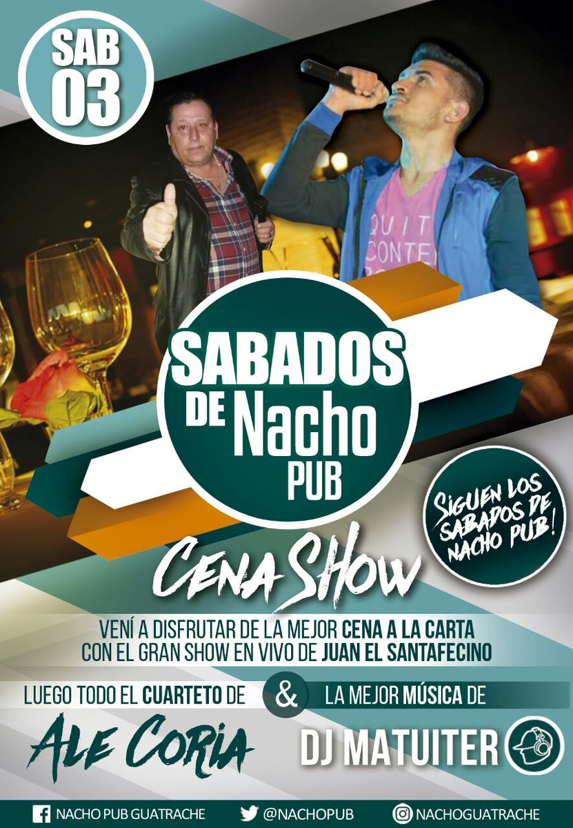 NachoPub's tweet photo. SÁBADO 03 - CENA SHOW

◀Siguen los sábados de #NachoPub!▶

🔷  🔊 JUAN EL SANTAFECINO.
🔷 🎵 ALE CORIA.

Te esperamos! https://t.co/zc03pPE1Lx