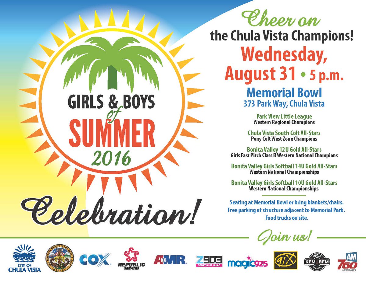 Celebrating #chulavista champions! Wed, 5 pm, Memorial Bowl. Bonita Vista All Stars, CV Colt All Stars &amp; <a href="/ParkviewLL/">Park View LL</a>