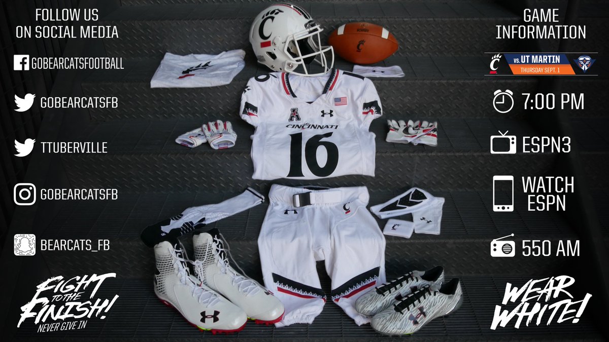 Cincinnati Football on X: The #Bearcats are going with the all white  uniform combo for the home opener on Thursday! #BeatUTMartin   / X