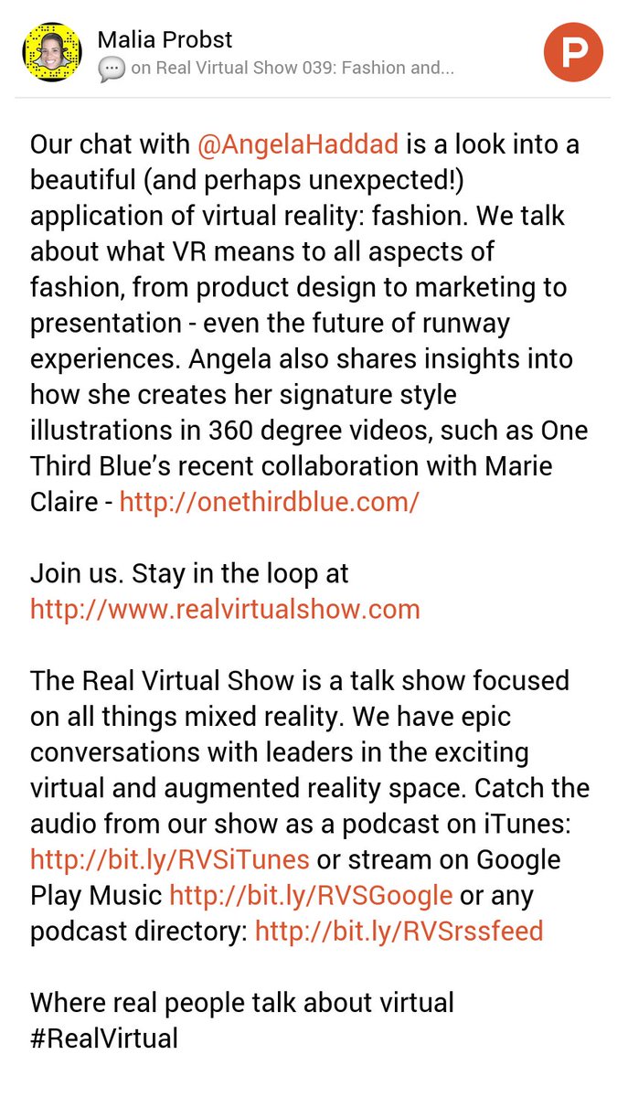 <a href="/RealVirtualShow/">Real Virtual Show</a> Ep39 Fashion &amp; #VirtualReality w/ <a href="/AngelaHaddad/">Angela Haddad</a> <a href="/OneThirdBlue/">One Third Blue</a> <a href="/ProductHunt/">Product Hunt 😸</a> producthunt.com/podcasts/real-…