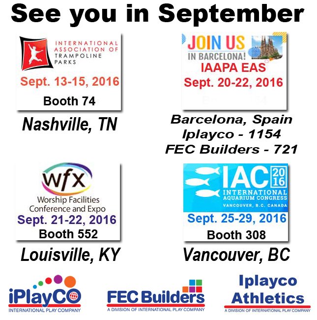IPLAYCO's tweet photo. WOW we are busy in September - hope to see you!
#IATP #IAAPAeas #EAS2016 #WFX #IAC #Iplayco #FECbuilders https://t.co/L7MEoQ1S4O