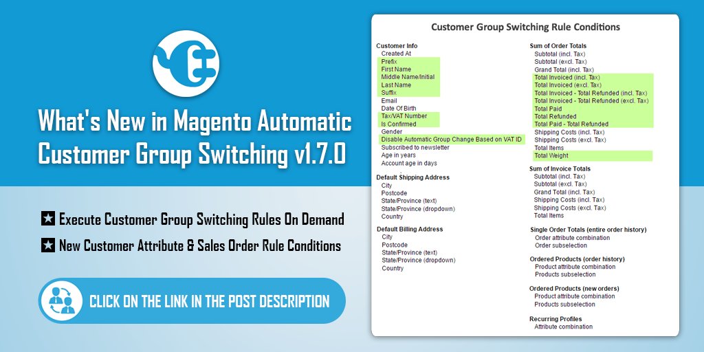 plugincompany1's tweet image. What&apos;s New in #Magento Automatic #Customer Group Switching v1.7.0 &amp;gt; buff.ly/2bU18U5 | #MagentoDev