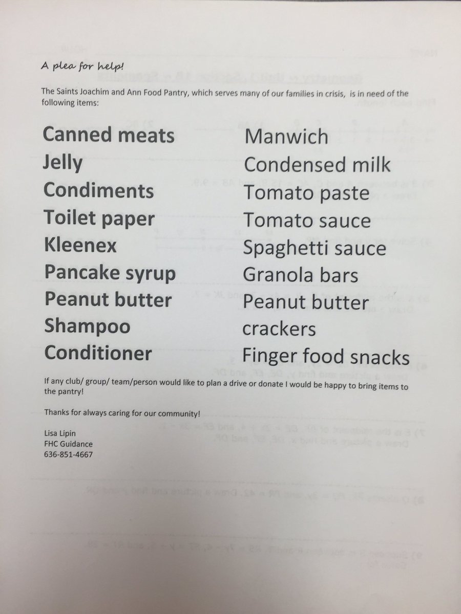 FHC_HOSA's tweet photo. Here is a list of items Saints Joachim and Ann Food Pantry needs! Bring one (or more) items to rm 222 for points! https://t.co/kRkQHeiMjg