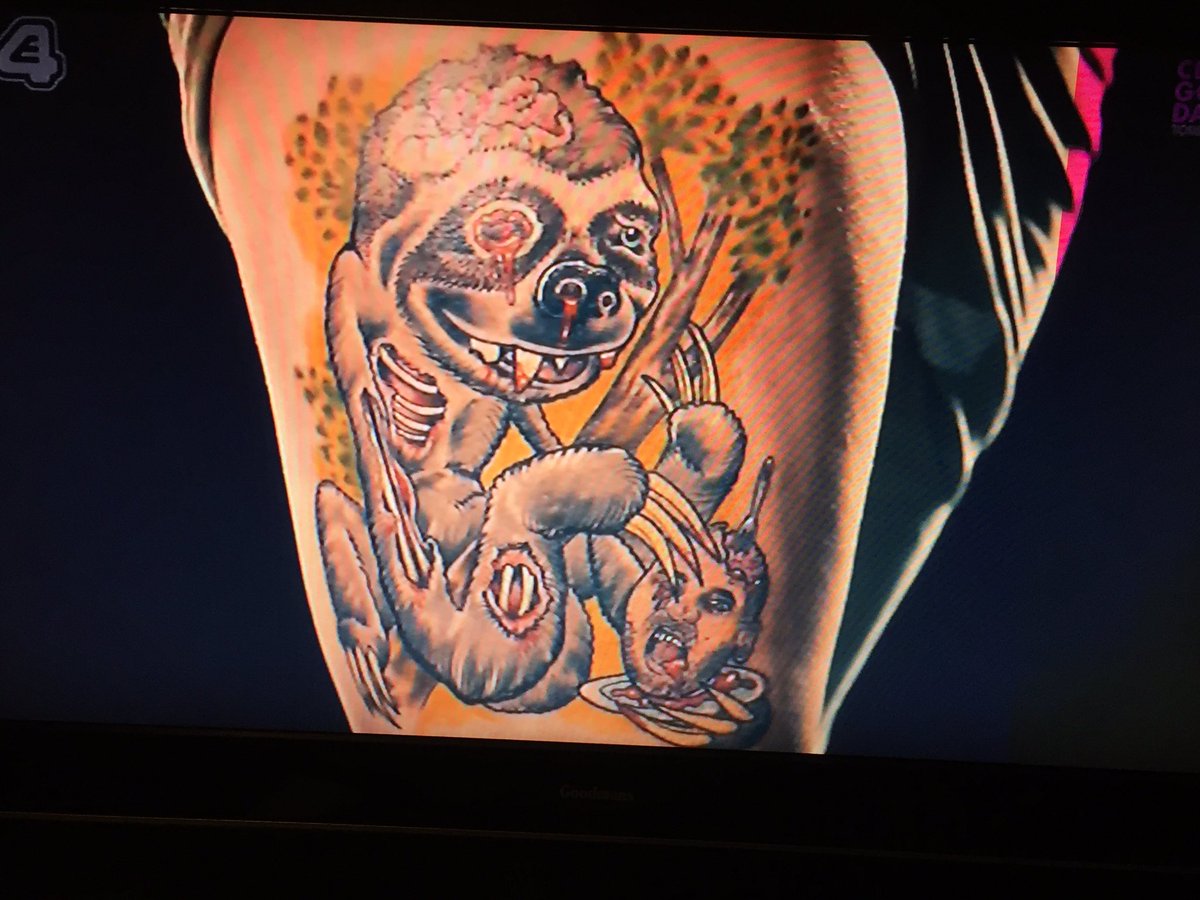 DW182_'s tweet photo. WOW 😍😍😍 I need to get a tattoo from @sketchreppinink one day :3 that's a masterpiece #zombiesloth #TattooFixers https://t.co/yDaqdltfr4