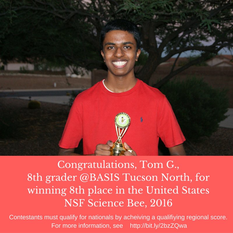 BASISTucsNorth's tweet photo. BTN 8th grader, Tom G.- National Winner, NSF Science Bee #BASISTucsNorth https://t.co/01pDToTCXm