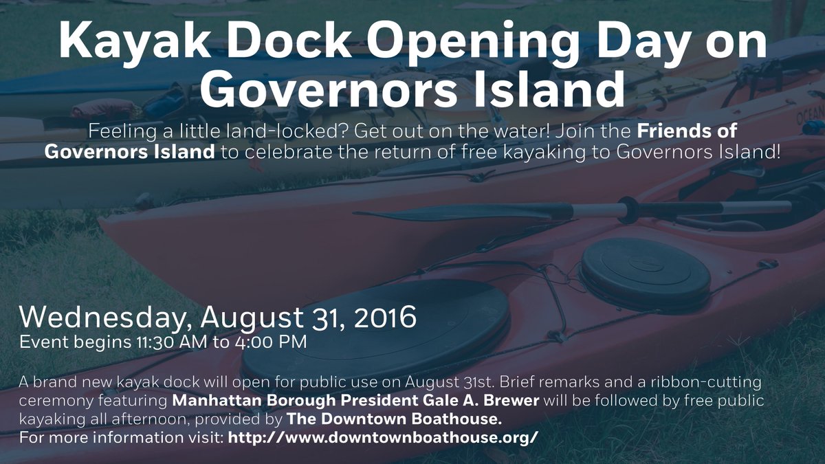 Celebrate the return of free kayaking to <a href="/Gov_Island/">Governors Island</a>  Wed Aug 31st! ow.ly/NRPp303GZqZ <a href="/galeabrewer/">Gale A. Brewer</a>  <a href="/dtbh/">Downtown Boathouse</a>