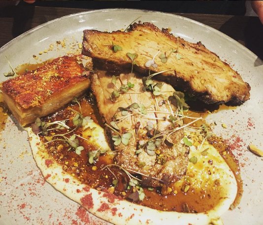Hot off the rotisserie: pork loin, scotch and belly. RG: @melbournefoodmachine #waysideinn #melbournefood