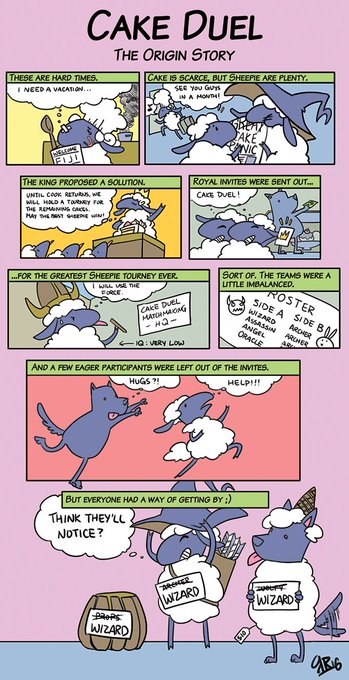 I drew the origin comic for #cakeDuel . Wahhh. The kickstarter is starting in 2 days. I'm so nervous! Be brave, mew! 
