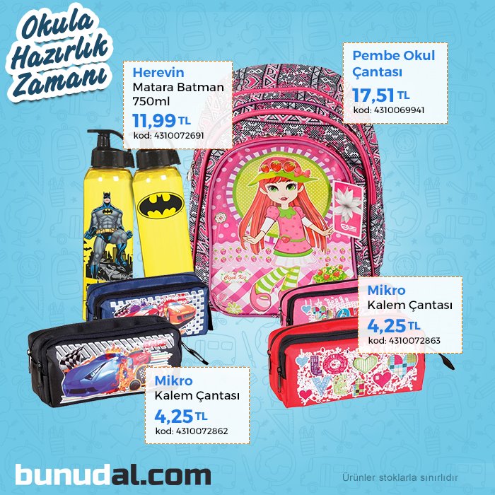 Çocuklarınızın okul çantaları ve diğer bütün okul ihtiyaçları bunudal.com 'da! Üstelik Kargo BEDAVA!