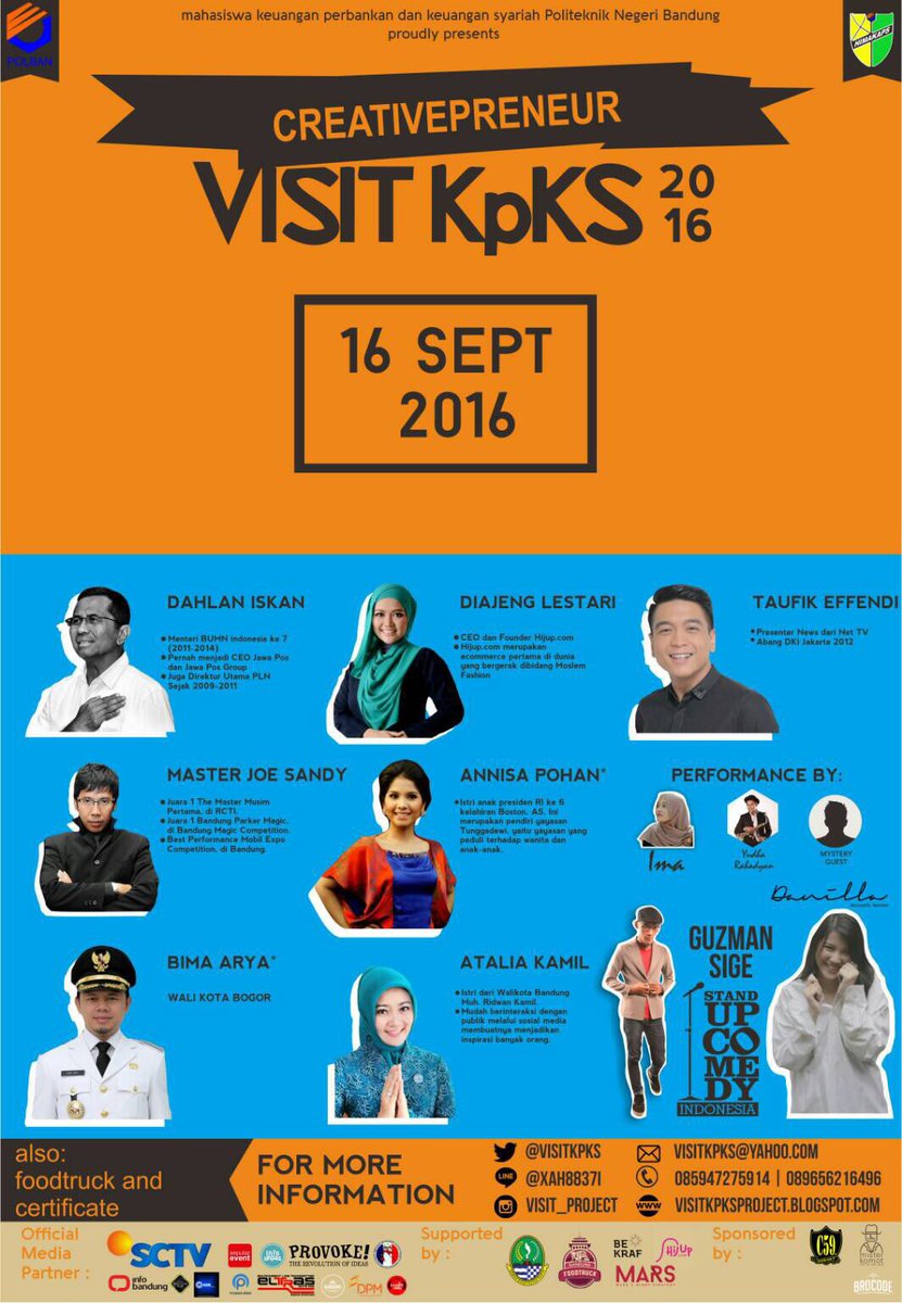 VISIT KPKS CREATIVEPRENEUR 
16 September 2016
Pendopo Agung POLBAN
Info lebih lanjut:
Line: @xah8837i