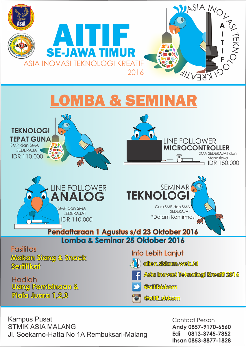 aitif_siskom's tweet photo. Ada acara lomba #AITIF2016 nih, adik-adik ikut yuk @sman3malang @sman1mlg @smariheksa @smabssmalang @osis_sman10mlg https://t.co/PB8xGOzibR