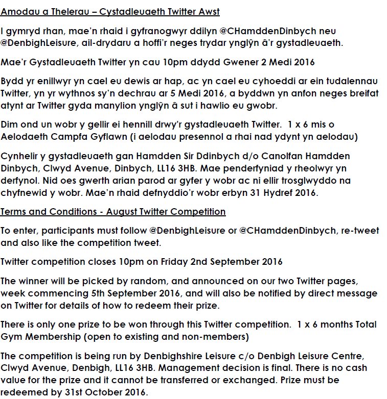 Cystadleuaeth! Dilynwch ni, ail-drydarwch a hoffwch yr post yma i gael cyfle i enill 6 mis o aelodaeth ffitrwydd.
