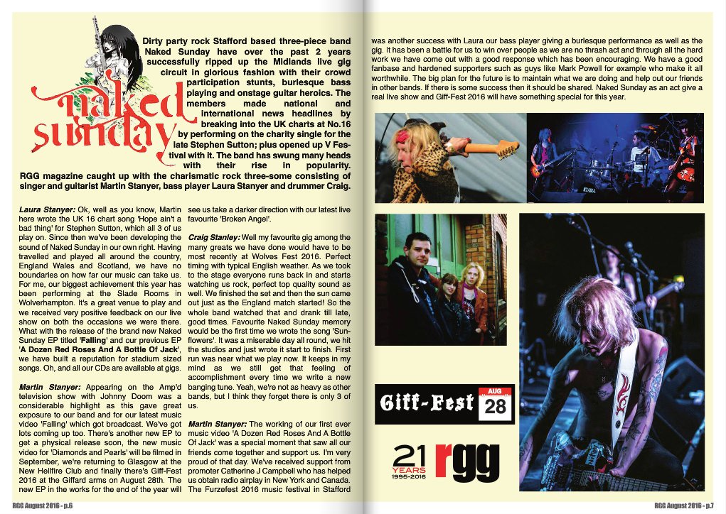 Article I wrote for August edition of RGG magazine #Stafford  band Naked Sunday. #midlands #GiffFest #Wolverhampton