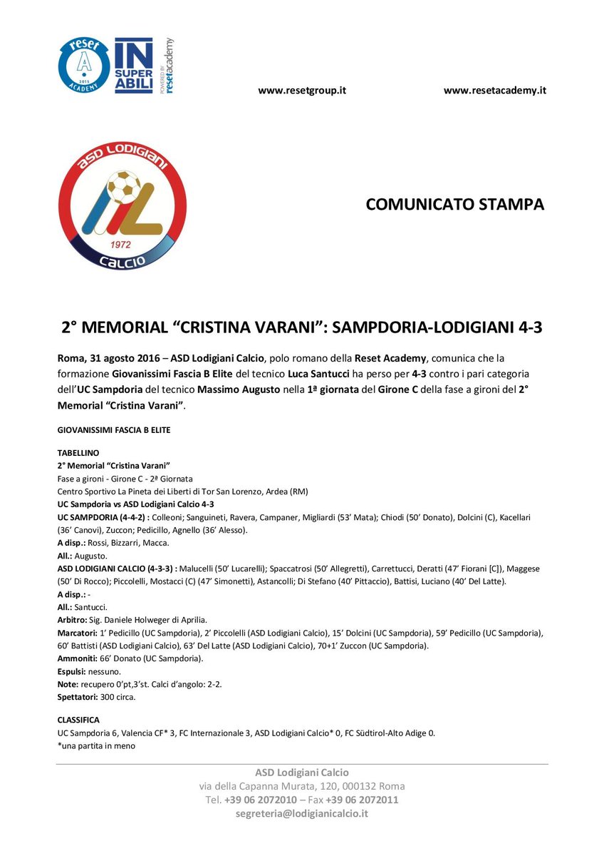 COMUNICATO STAMPA - 2° <a href="/MemorialVarani/">Memorial Varani</a>: <a href="/sampdoria/">U.C. Sampdoria</a>-#ASDLodigianiCalcio 4-3 #giocareconilsorriso #ResetAcademy