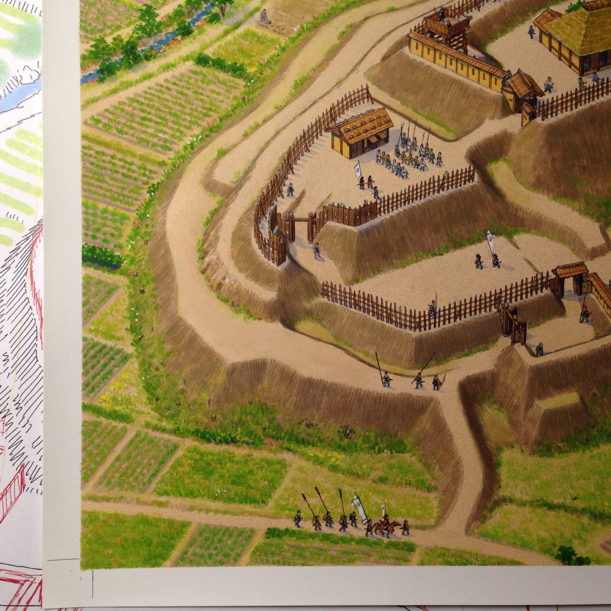 香川元太郎 私の中世城郭の描き方13完成 色々な工程を経て 城の復元イラストが完成します 特に戦国時代の土の城では 地形 縄張りを正確に起こせるかどうかがポイントだと思います
