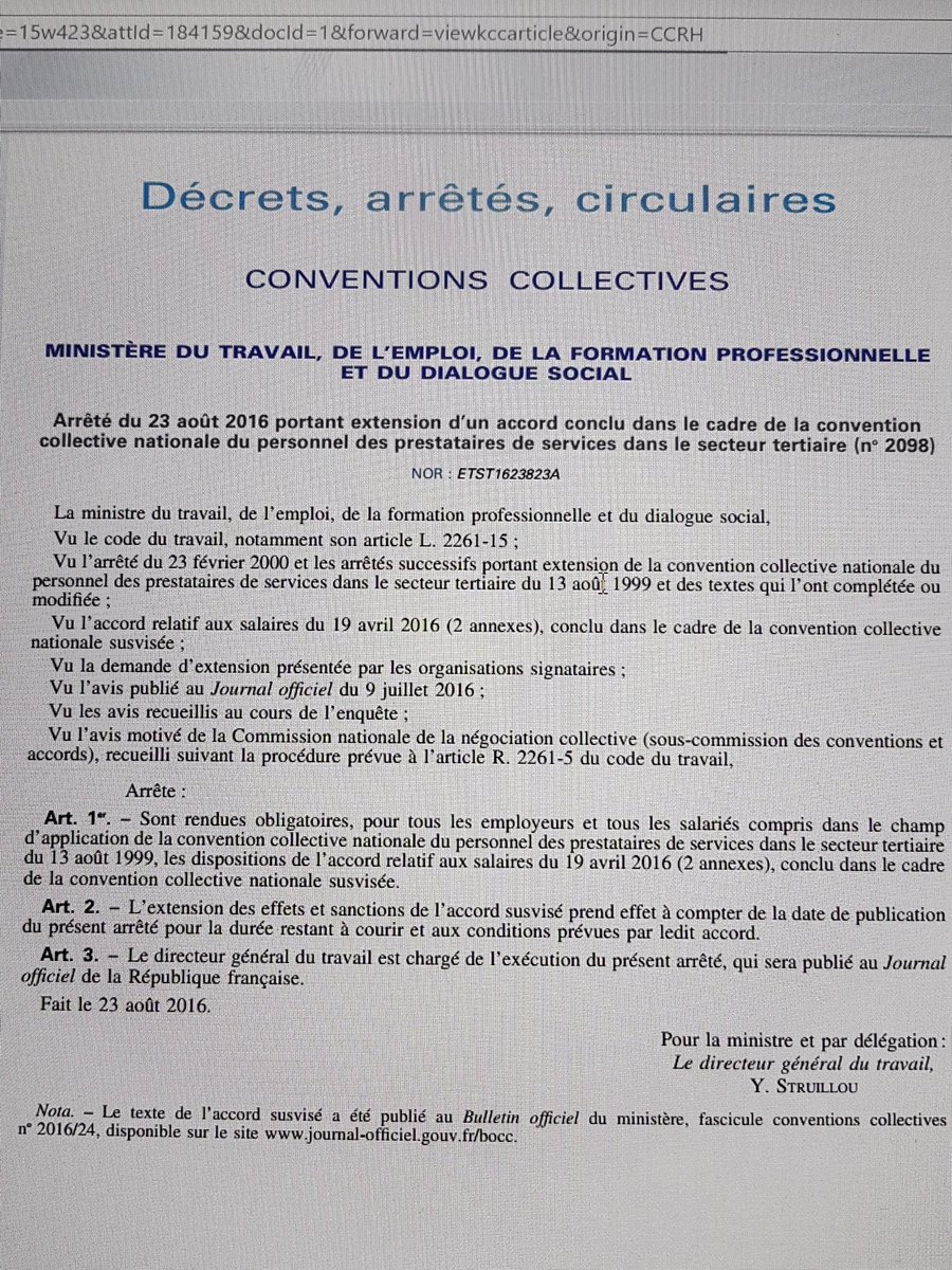 La grille des salaires validée au Journal Officiel. Les salaires augmentent à compter du 1er sept 2016. 😃😃😃