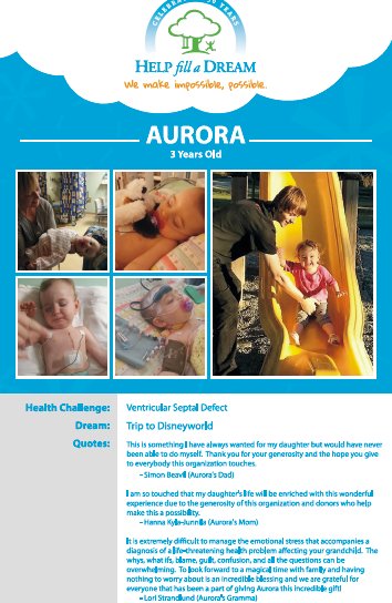 Here are just some of the dreams we hope to grant w/ <a href="/HelpFillADream/">Help Fill A Dream</a> through the #2016PLC - please join us! Aurora: