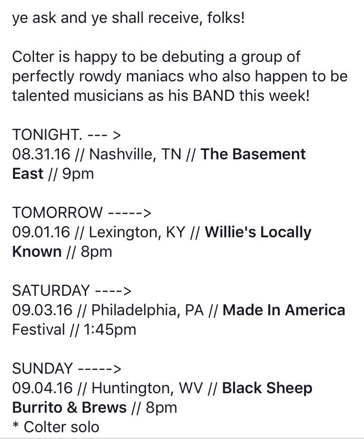 ColterWall's tweet photo. Tour dates this weekend! Look out Nashville, TN , Lexington, KY, Philadelphia, PA, & Huntington, WV.
#runningroads https://t.co/Le0wykrSWb