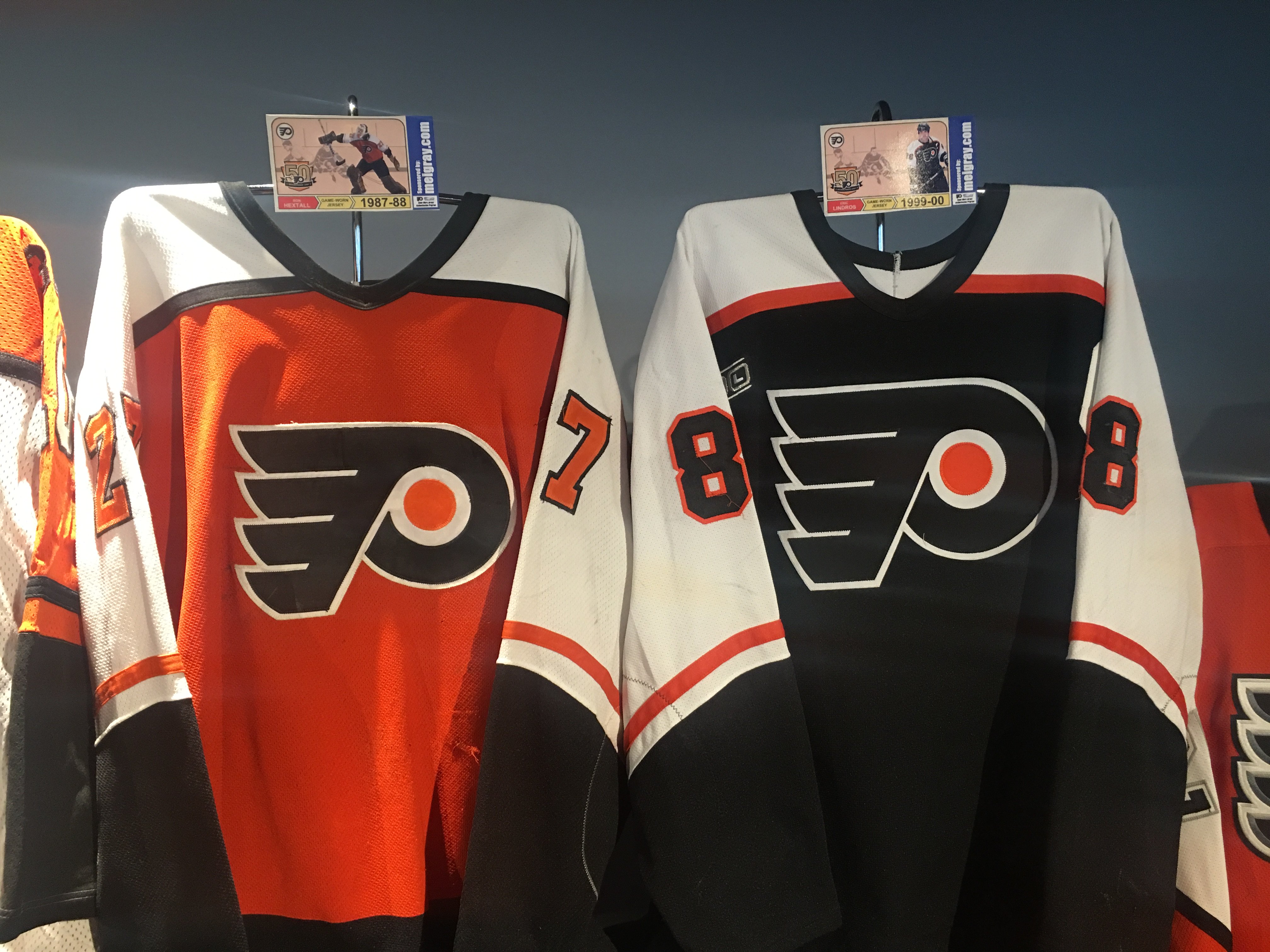 Dan McQuade on X: I'm at the big Flyers jersey announcement at the  observation deck. These old game-worn jerseys are pretty cool.   / X