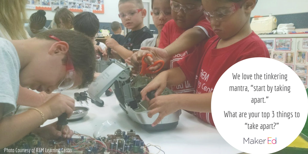 MakerEdOrg's tweet photo. New school year, new #tinkering adventures! What are your top 3 things to take apart? #backtoschool #makered https://t.co/EC6W4tK7dE