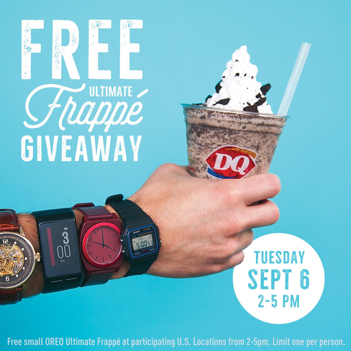 DairyQueen's tweet image. The #DQFreeFrappé Giveaway is this Tues, Sept 6, 2-5pm. Extend Labor Day with one free small @Oreo Ultimate Frappé.