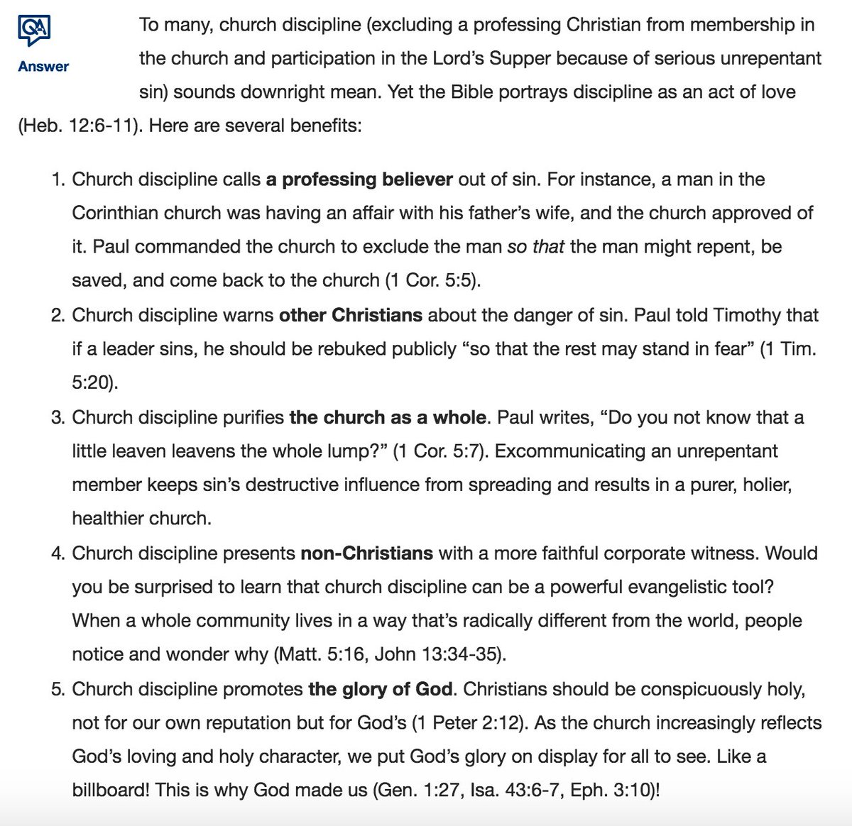 QUESTION:
What are the benefits of practicing church discipline?

ANSWER: